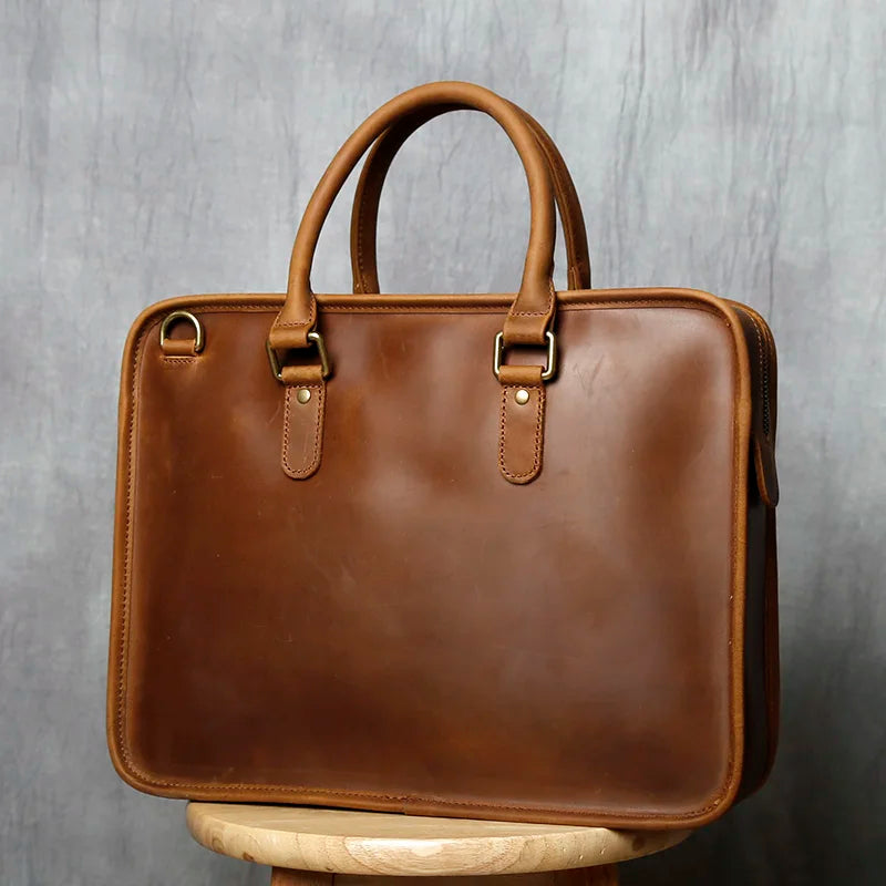 Men's Genuine Leather Briefcase – Slim Cowhide, Back iPad Pocket, Alloy Hardware, 14" Laptop