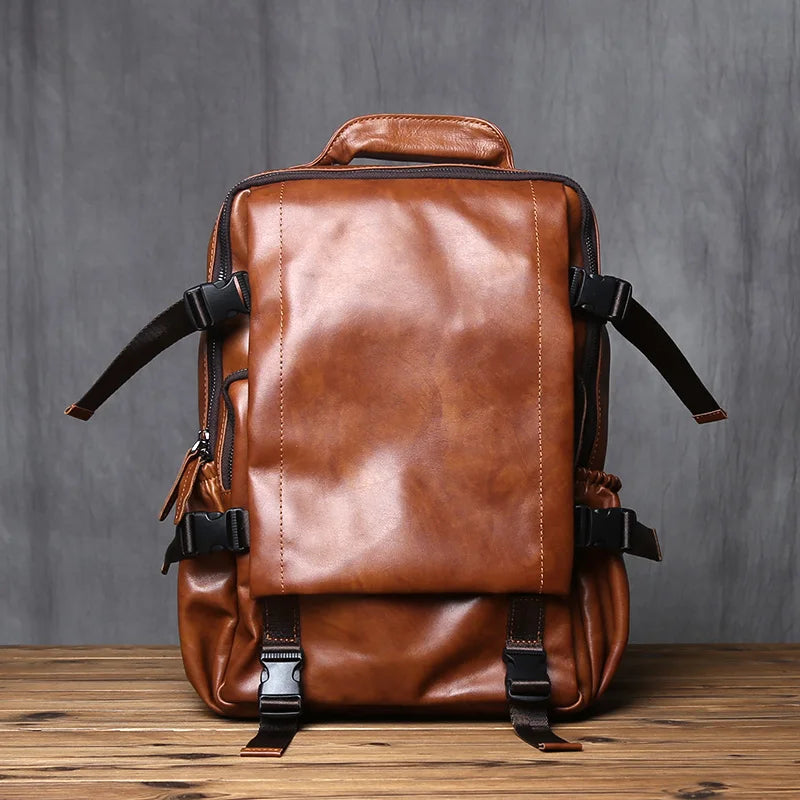 Men's Genuine Leather Backpack – Natural Cowhide, Laptop Compatible, Two Sizes
