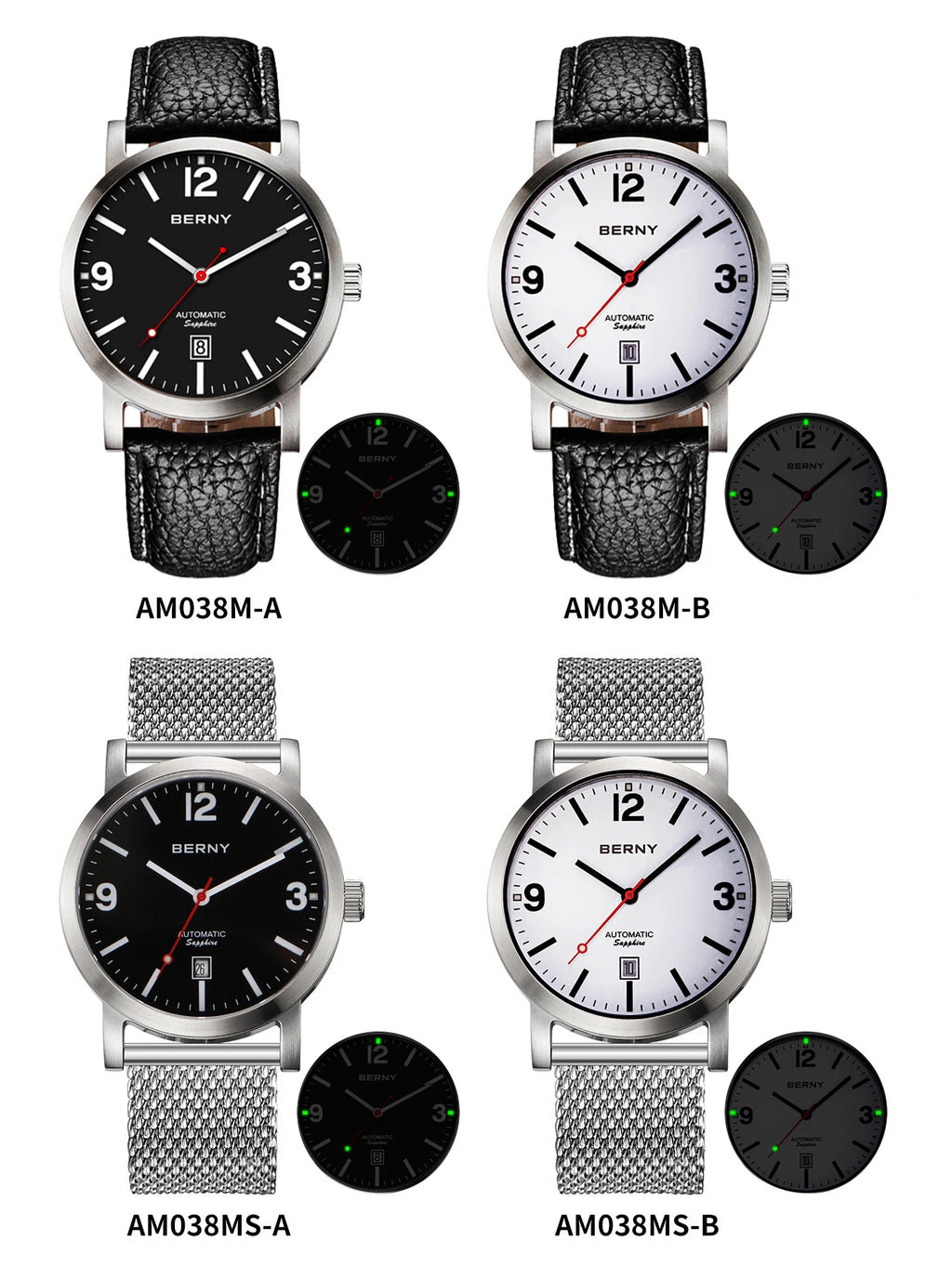 BERNY AM038M Automatic Watch – Seagull ST1612, Sapphire Crystal, Leather Strap, 50m Water Resistant