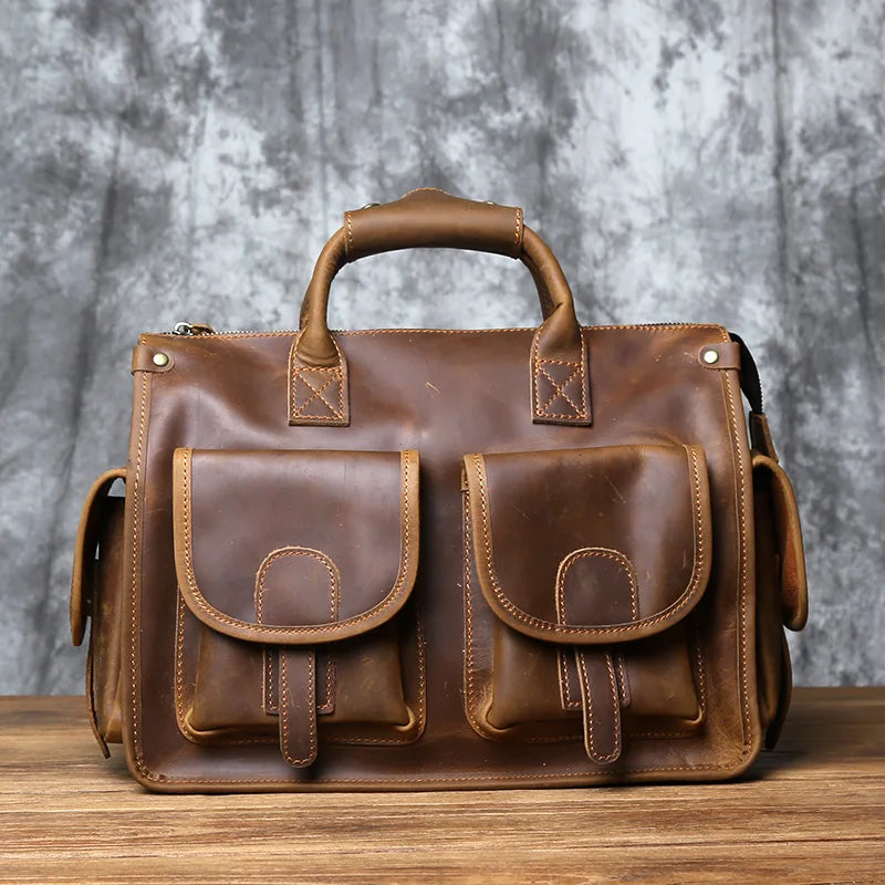 Men's Crazy Horse Leather Briefcase – Vintage Cowhide Satchel, 14" Laptop, Shoulder & Crossbody