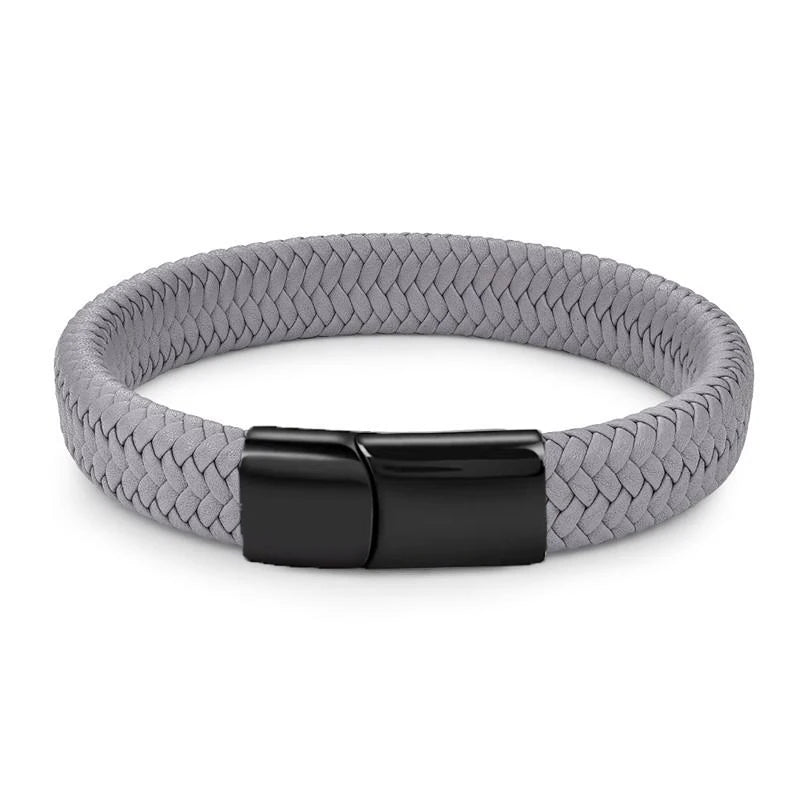 Men's Braided Leather Bracelet – Stainless Steel Buckle Clasp, Handmade Bangle