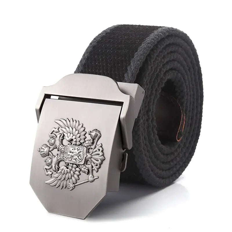 Men's Canvas Military Belt – Russian Emblem Silver Buckle