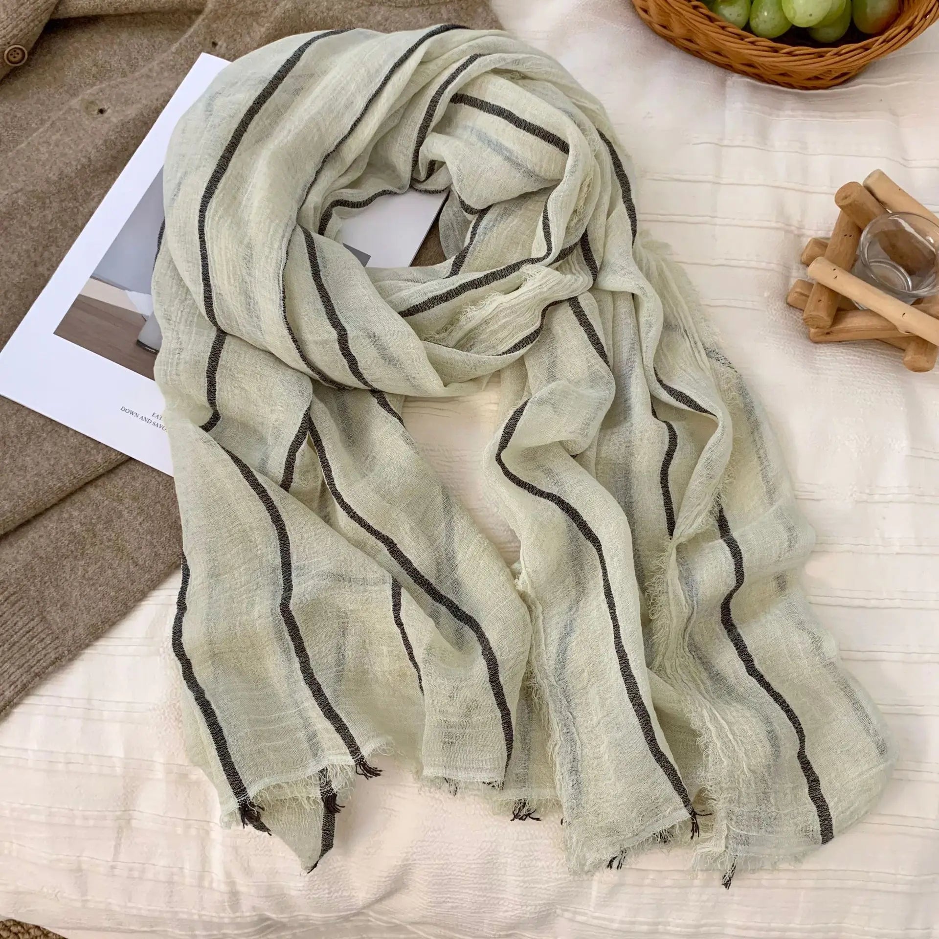 Cotton Linen Striped Scarf – Oversized 200cm, Neutral Tones