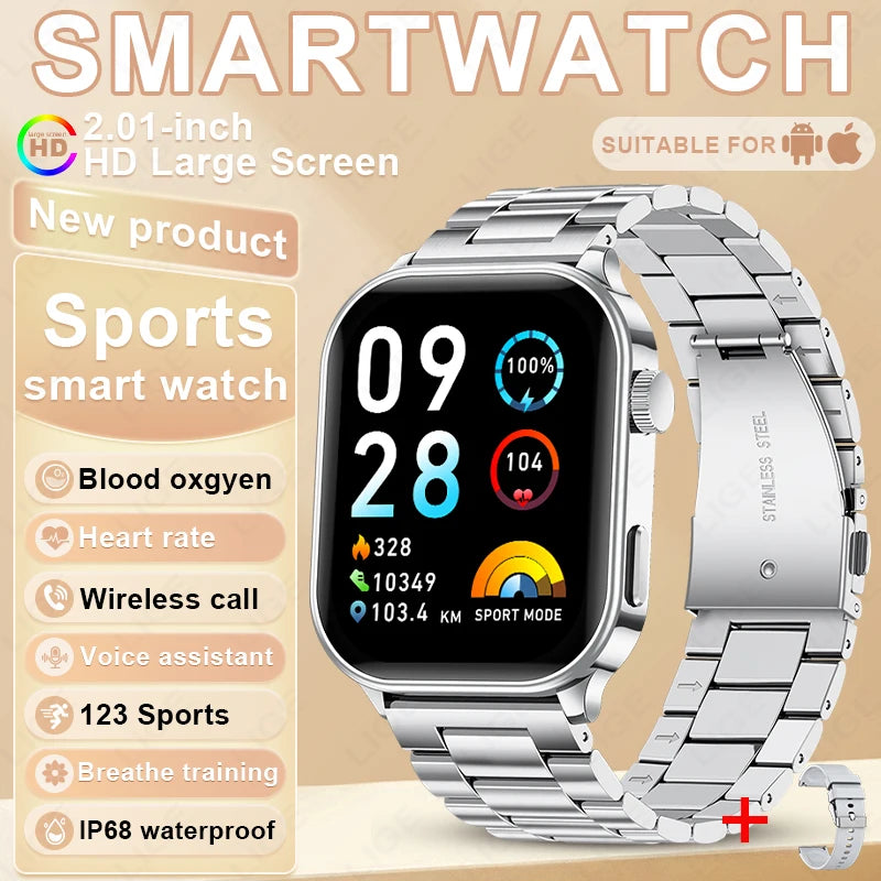 LIGE Smart Watch – 2.01" Display, IP68, Flashlight, 123 Sport Modes, Bluetooth Calling
