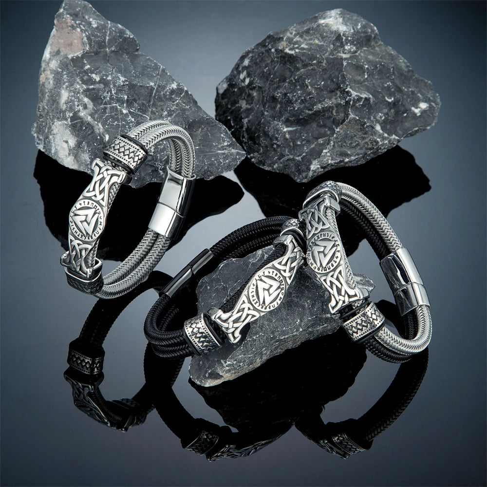 Stainless Steel Norse Runes Valknut Bracelets Men Unfading Double-Layer Wire Rope Bangle Charm Vikings Jewelry Luxury Male Gifts