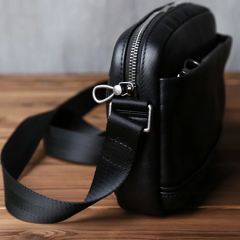 Men's Genuine Leather Mini Shoulder Bag – Compact Cowhide Messenger, 8" iPad, Horizontal