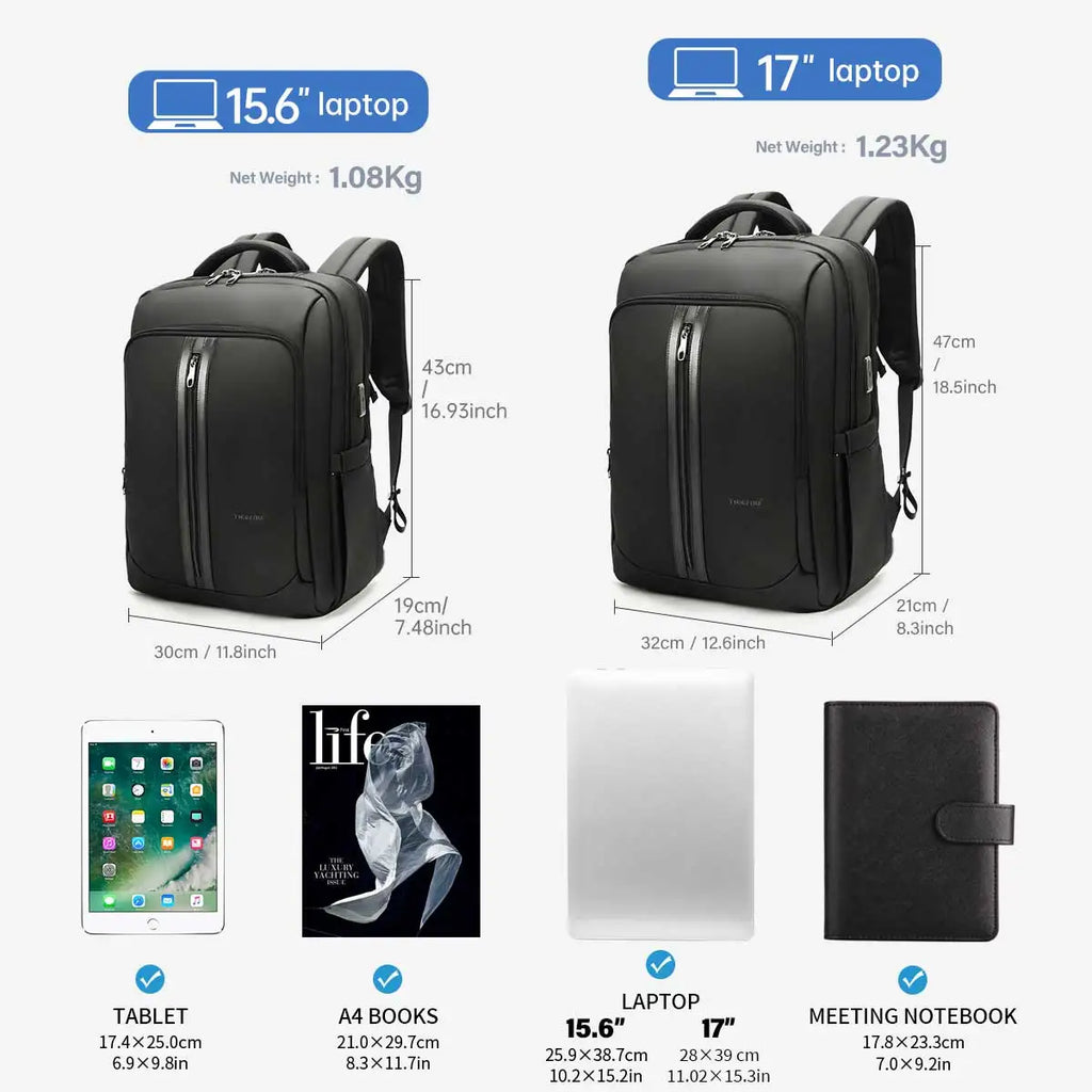 Tigernu Leather Composite Backpack – Two Sizes, USB Charging, Anti-Theft, Reflective Stripe