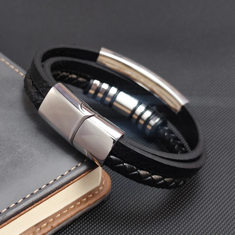 2022New MingAo Stainless Steel Beads Bracelet Fashion Men's Jewelry Classic Multilayer Leather Bracelet Homme Men Boyfriend Gift