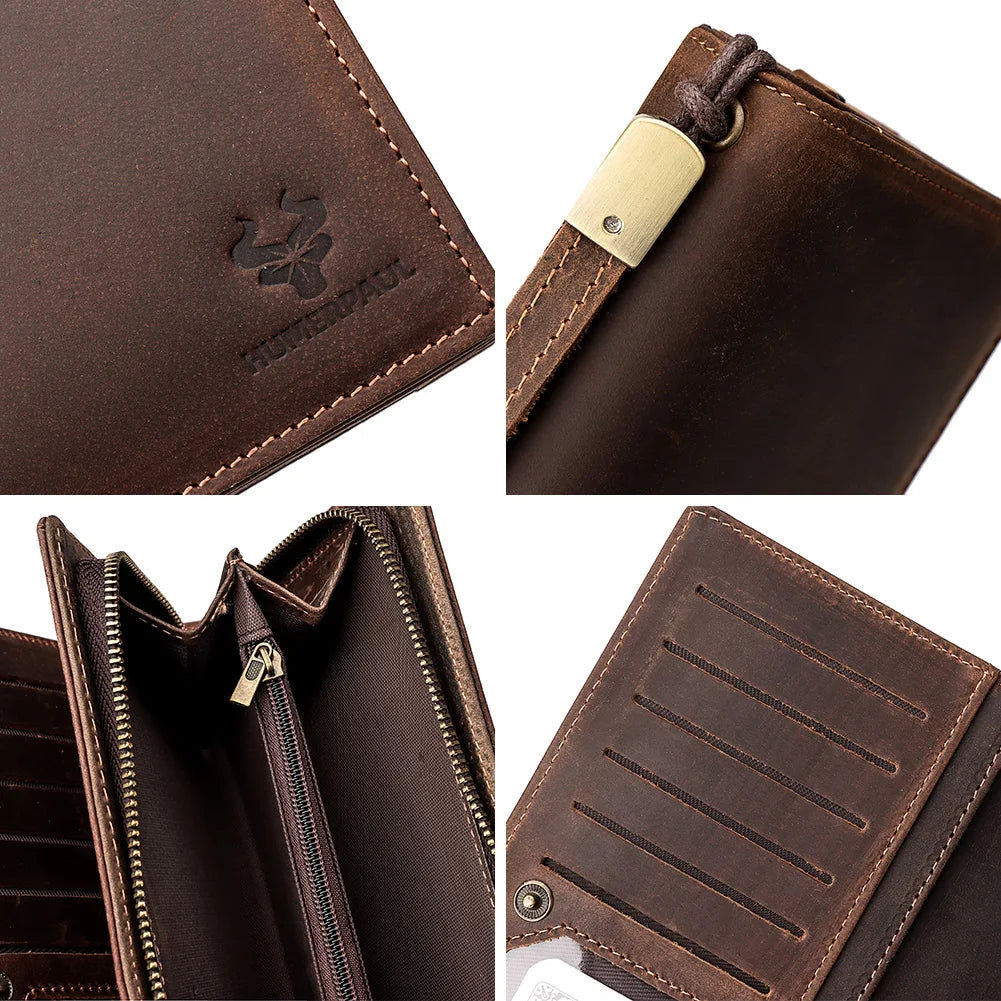 Genuine Leather Long Wallet for Men — RFID Blocking with Phone Pocket & Card Slots