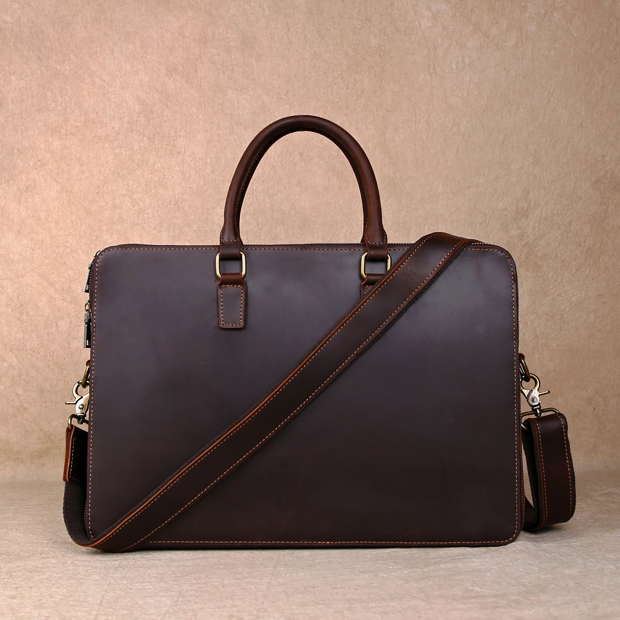 OKLRPS Crazy Horse Leather Briefcase | First-Layer Cowhide, Fits 16" Laptop