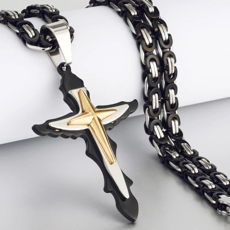 Men's Heavy Crucifix Cross Pendant Necklace – Stainless Steel Byzantine Chain
