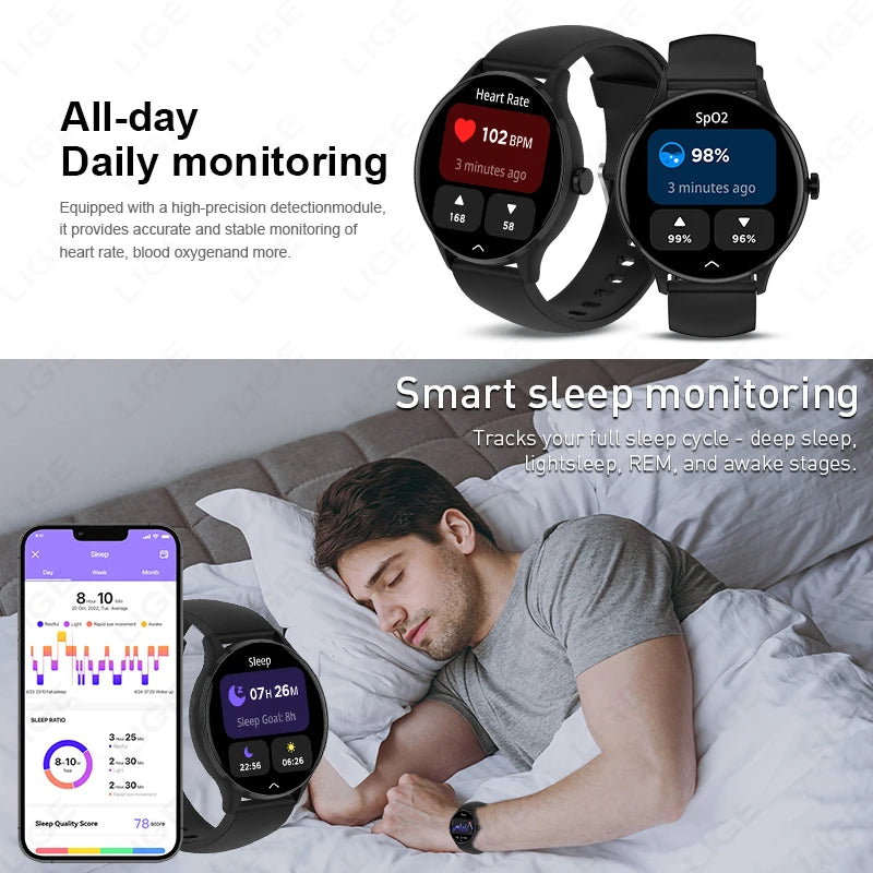 LIGE Smart Watch – 1.28" Round Display, Bluetooth Calling, Voice Assistant, IP67