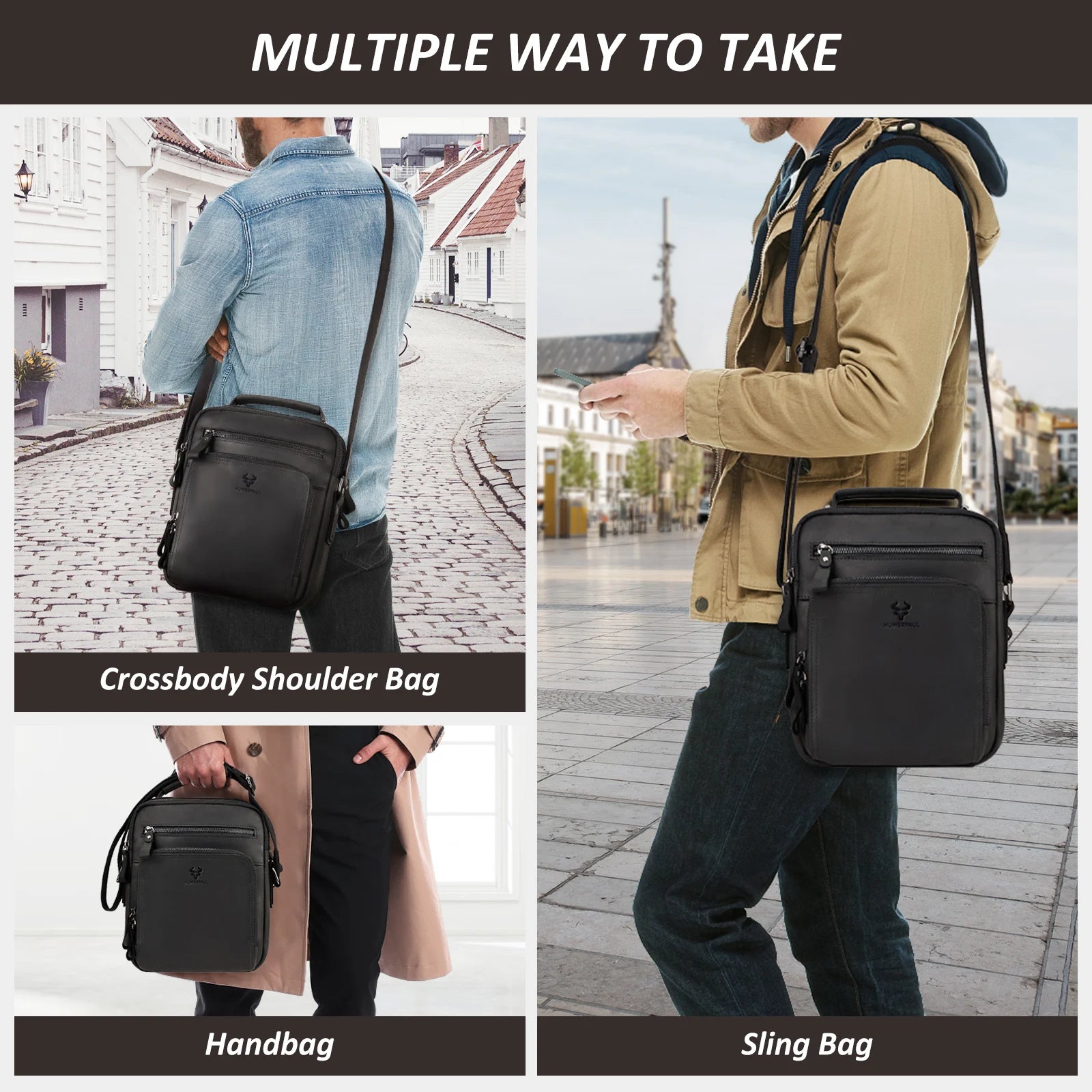 Full Grain Leather Shoulder Bag for Men — Crossbody Messenger with iPad Compartment