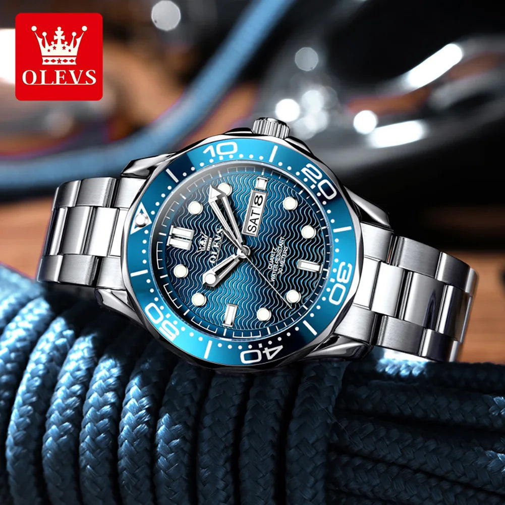 OLEVS Luxury Man Watch Fashion Rotation Bezel Diving Series Original Quartz Wrist Watch for Men Dual Calendar Waterproof Watches