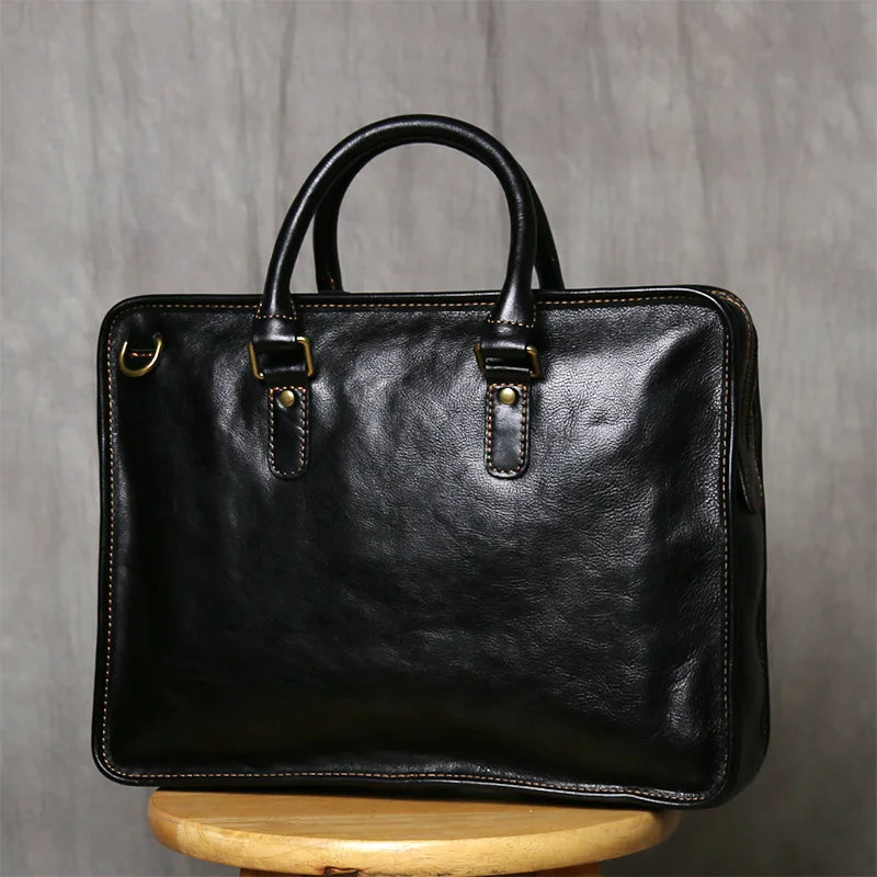 Men's Genuine Leather Briefcase – Slim Cowhide, Back iPad Pocket, Alloy Hardware, 14" Laptop