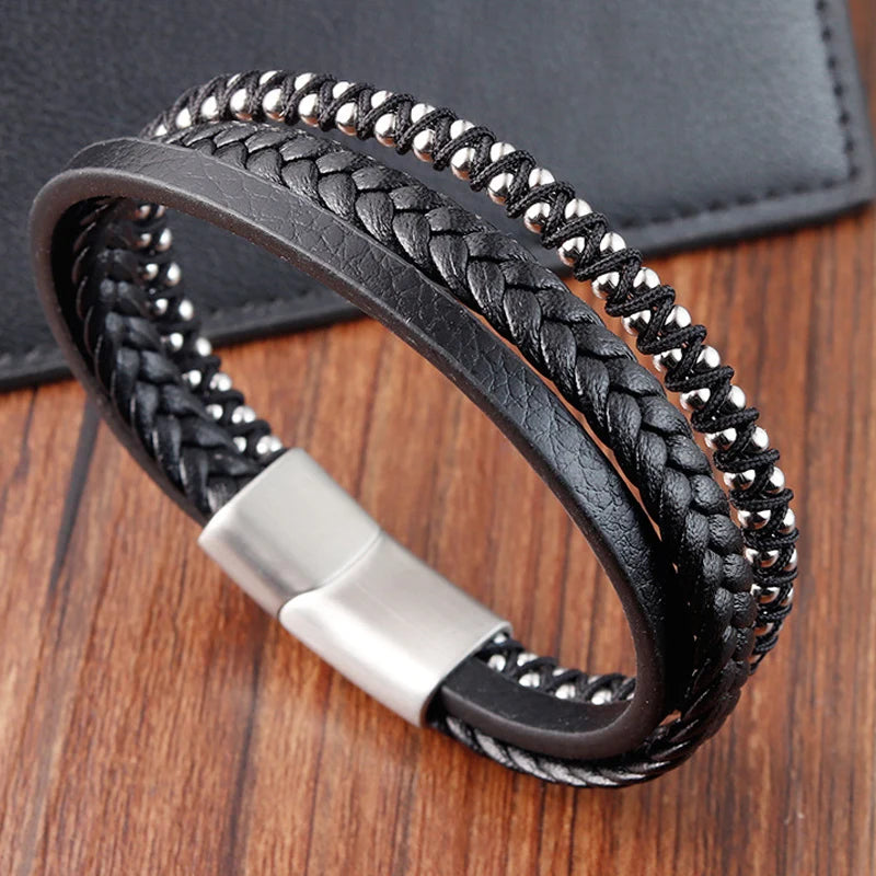 Men's Braided Leather Rope Bracelet – Punk Stainless Steel Bangle