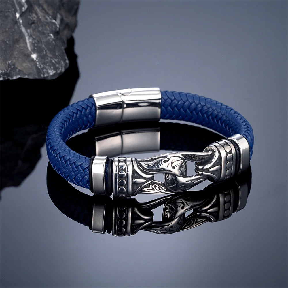 Handmade Leather Weaved Men's Bracelets Stainless Stee Infinity Viking Charm Cuff Bangle Wristband Vintage Jewelry Gift for Dad