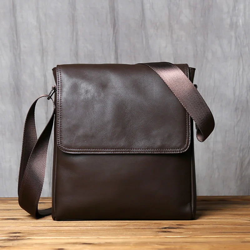 Men's Genuine Leather Shoulder Bag – Natural Cowhide Crossbody, 10" iPad Compatible