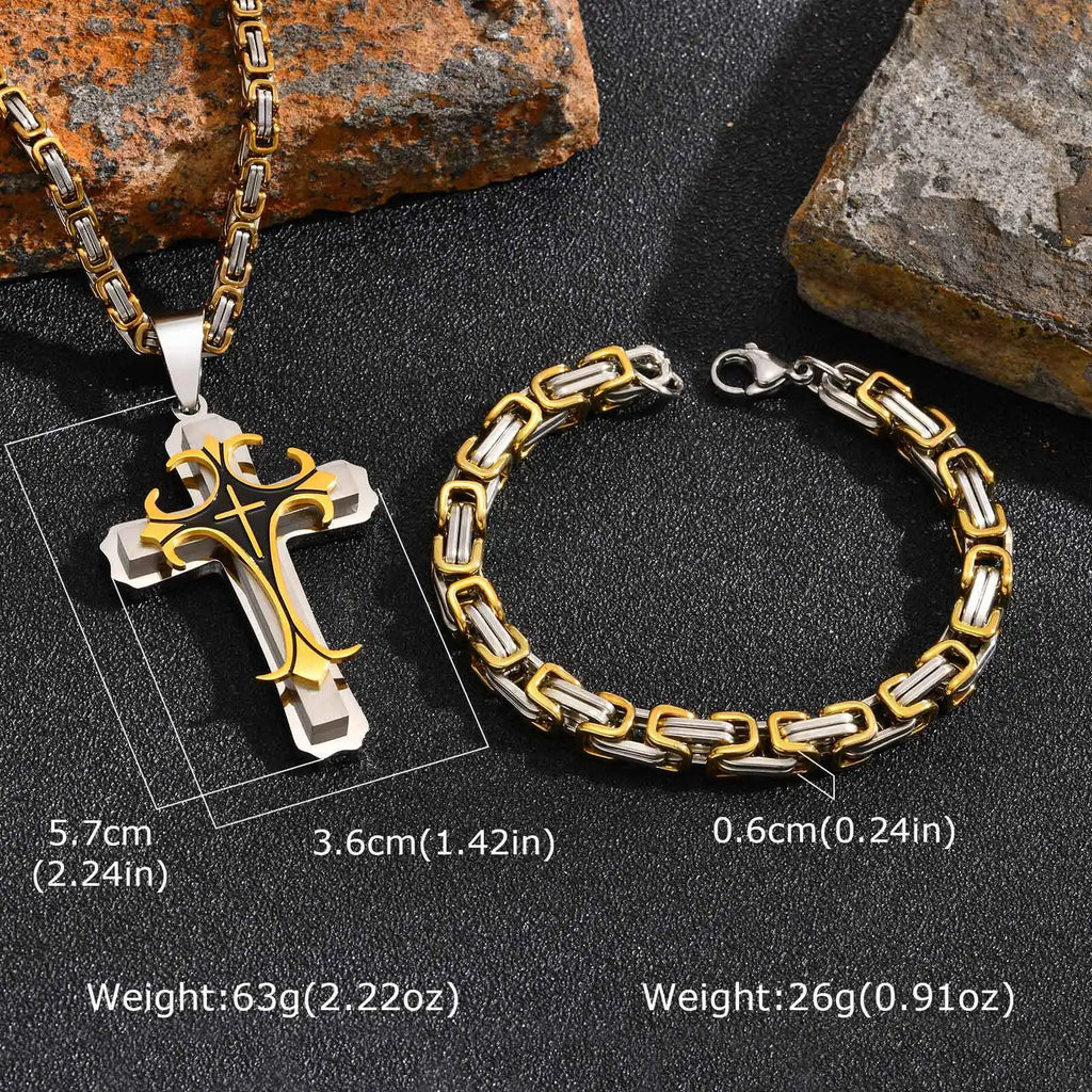 Mens Cross Pendant Necklace Sets,Two Tone Stainless Steel Byzantine Bracelets,Punk Jewelry Sets Gift to Husband Father Dad BBF