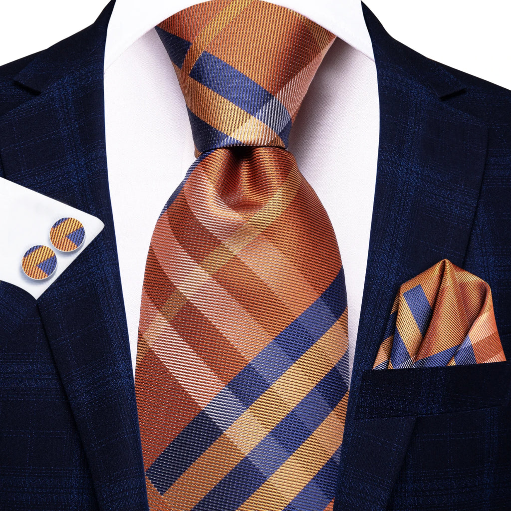 Hi-Tie Men's Striped Silk Necktie Set – Tie, Pocket Square & Cufflinks | Extra Long 170cm