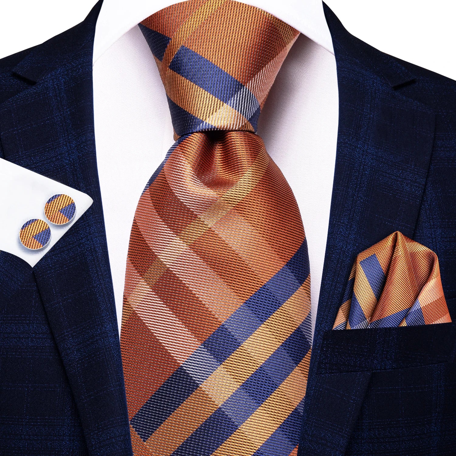 Hi-Tie Men's Striped Silk Necktie Set – Tie, Pocket Square & Cufflinks | Extra Long 170cm
