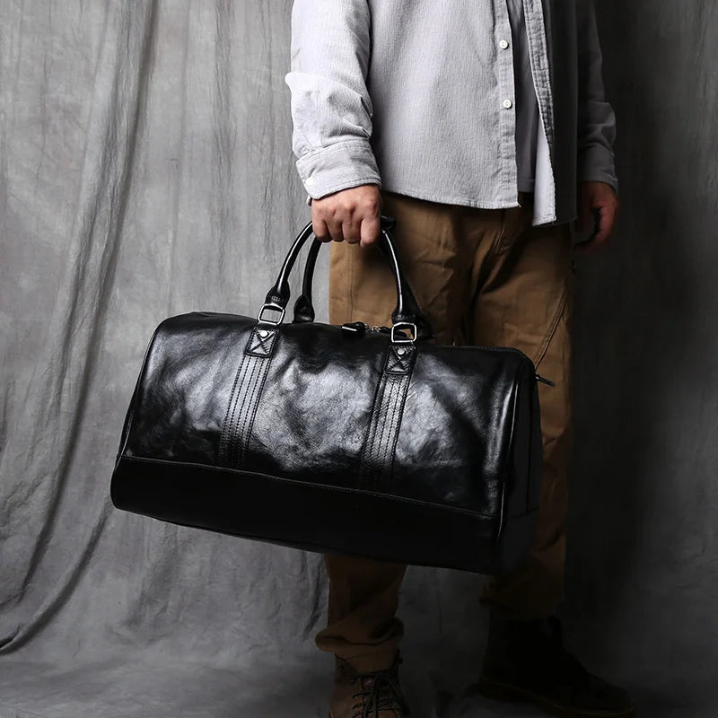 Men's Genuine Leather Travel Duffle Bag – Large Capacity Natural Cowhide, 16" Laptop, Weekend Bag