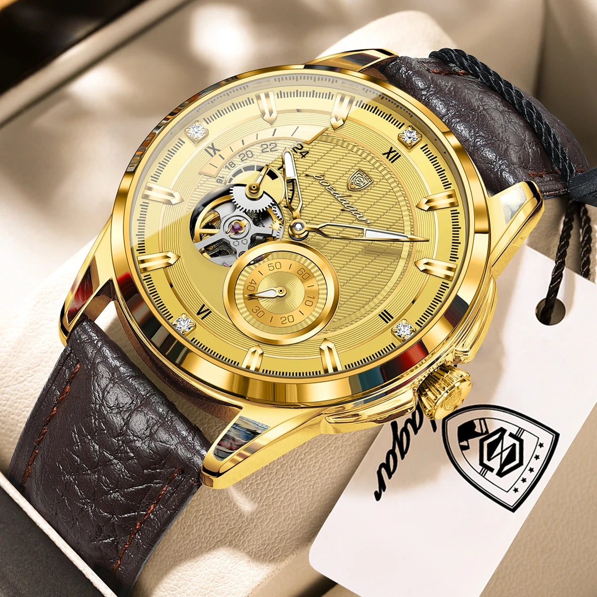 POEDAGAR High Quality Luxury Men Watch Fashion Hollow Tourbillon Man Clock Automatic Mechanical Leather Men's Watches Male Reloj