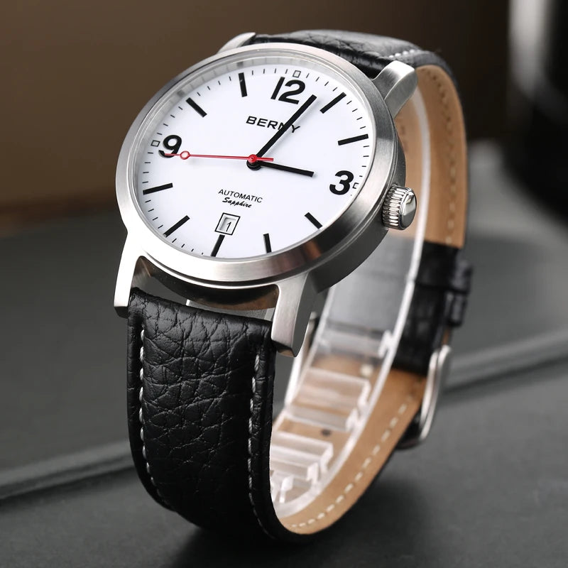 BERNY AM038M Automatic Watch – Seagull ST1612, Sapphire Crystal, Leather Strap, 50m Water Resistant