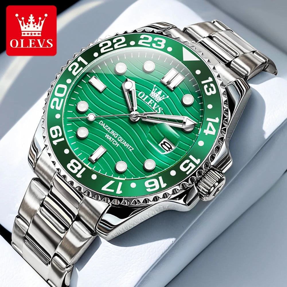 OLEVS New Quartz Watch for Men Stainlss Steel Strap Diving Series Colorful Bezel Fashion Luxury Brand Original Men's Wristwatch