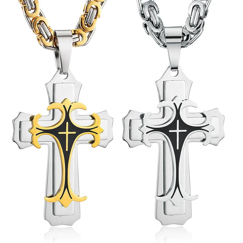 Male Vintage Christian Trinity Latin Cross Necklace Multi-layers Stainless Steel Cross Pendants Necklaces Catholic  Jewelry