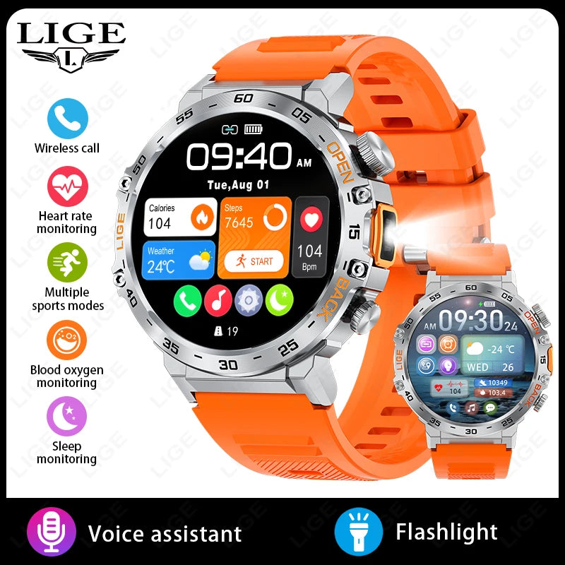 LIGE Smart Watch – 1.53" HD Round Display, LED Flashlight, Bluetooth Calling, IP68