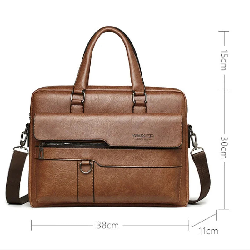Men's PU Leather Briefcase | 14" Laptop Bag with Exterior Flap Pocket