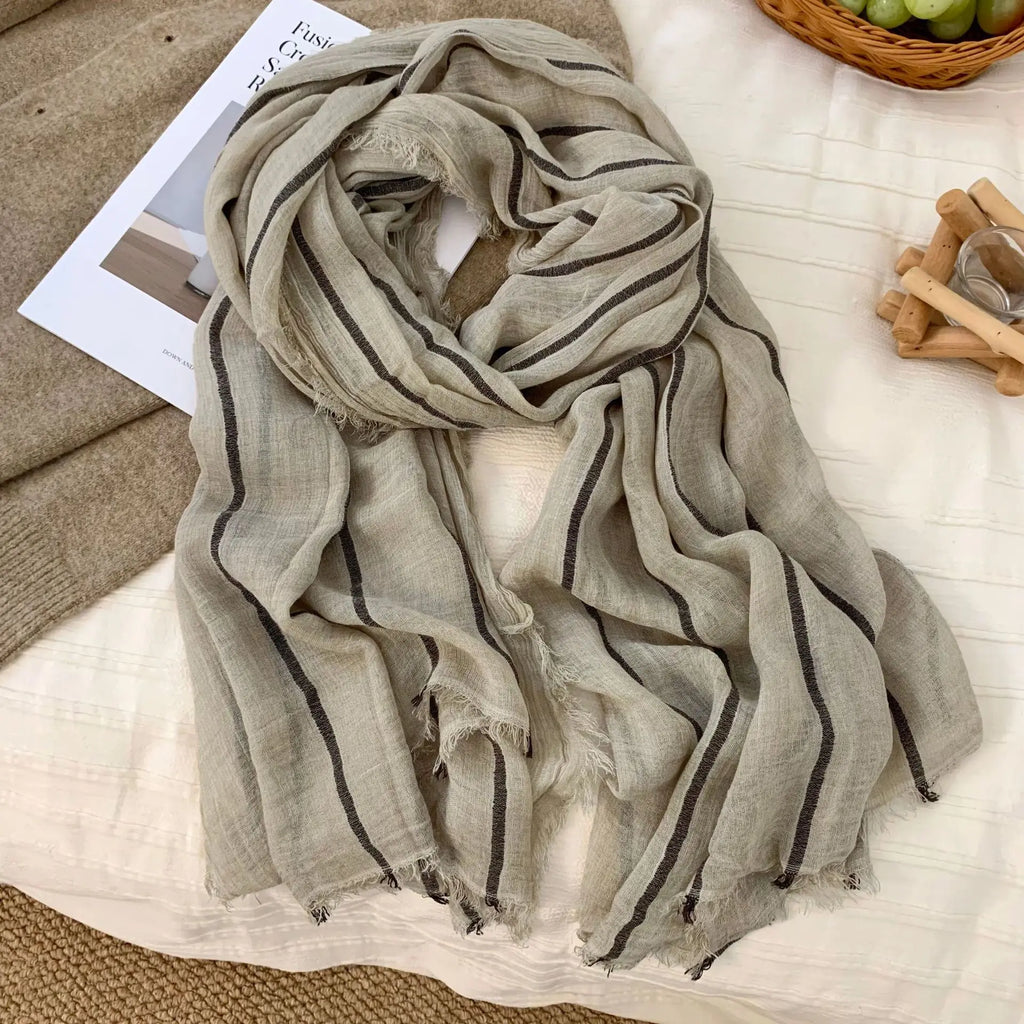 Cotton Linen Striped Scarf – Oversized 200cm, Neutral Tones