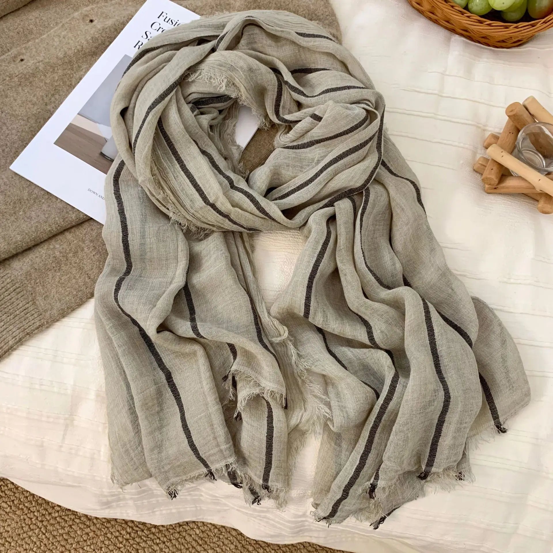 Cotton Linen Striped Scarf – Oversized 200cm, Neutral Tones