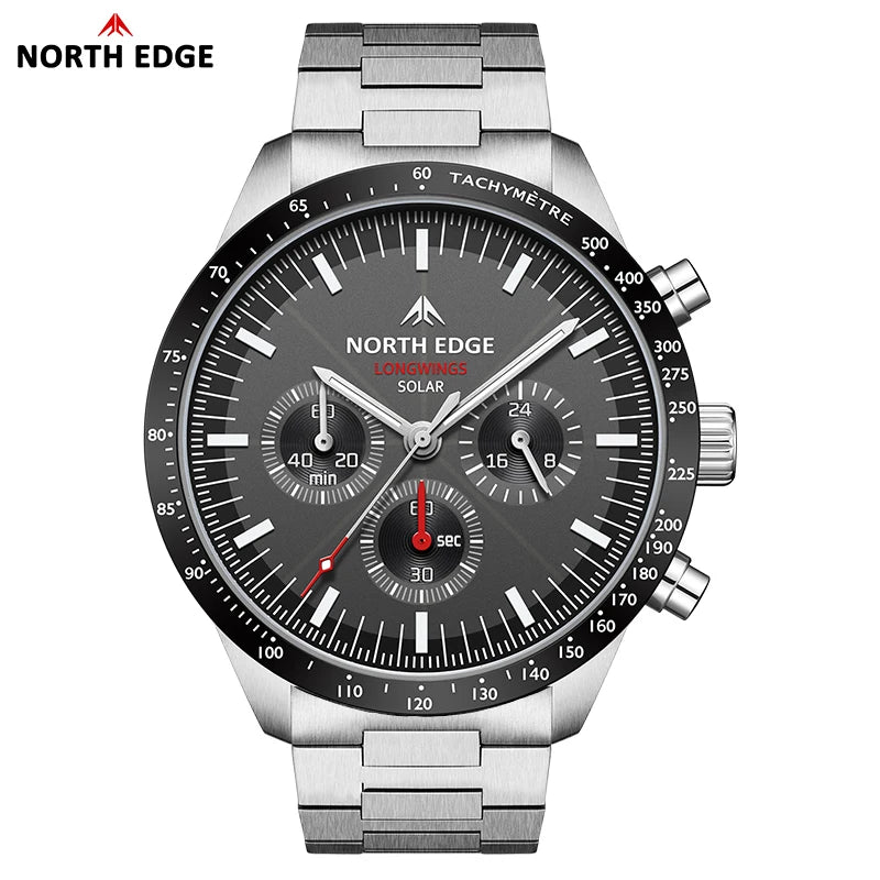 NORTH EDGE Longwings Solar Pilot Watch — Men's Chronograph, Stainless Steel, 50M Water Resistant