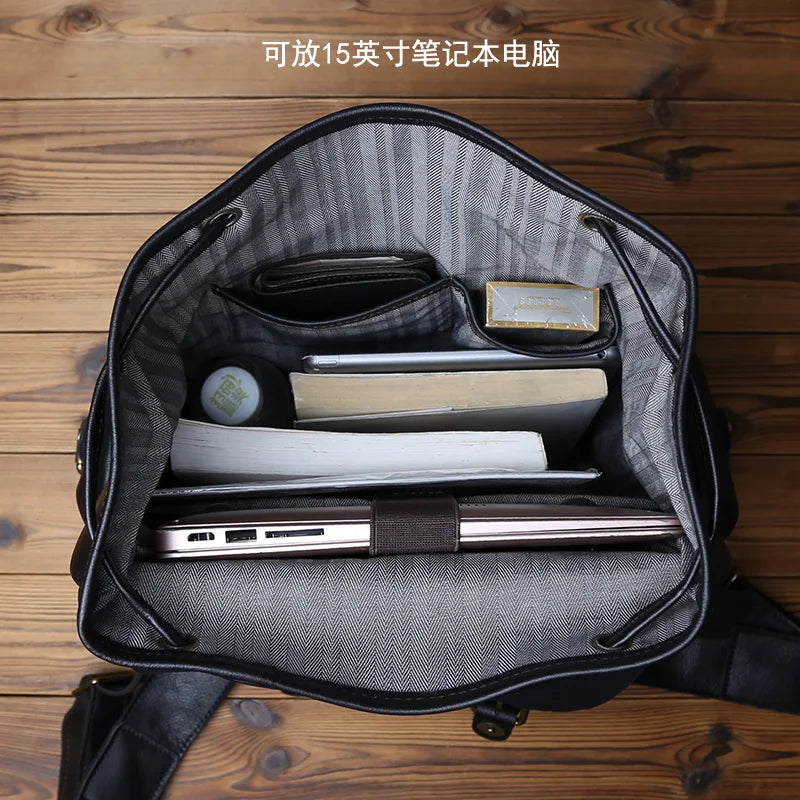 Men's Genuine Leather Backpack – Natural Cowhide, Rivet Detail, Drawstring Closure, Laptop