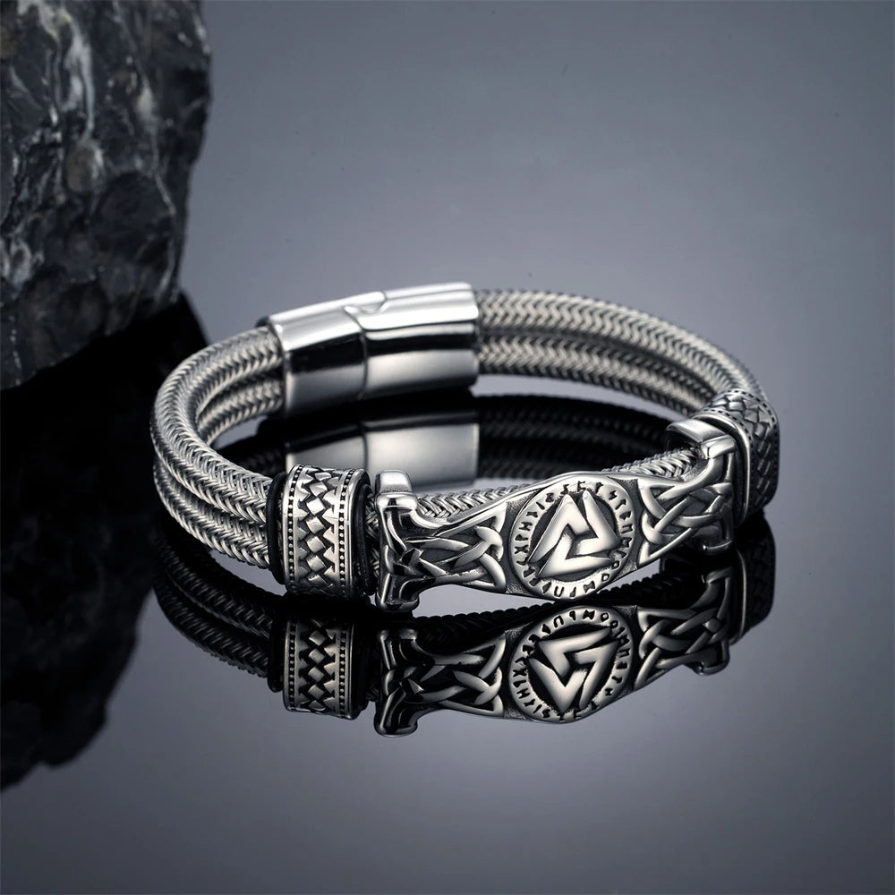 Stainless Steel Norse Runes Valknut Bracelets Men Unfading Double-Layer Wire Rope Bangle Charm Vikings Jewelry Luxury Male Gifts