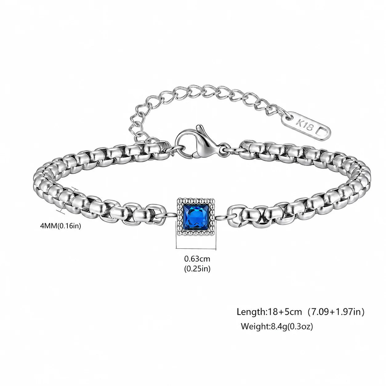 Men's Zircon Charm Bracelet, 4mm Square Chain Stainless Steel Bracelets, Fashion Waterproof Jewelry Gift for Men
