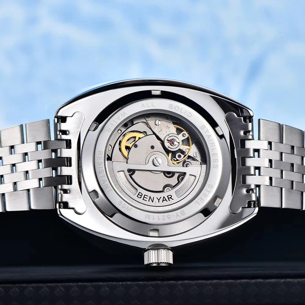 BENYAR BY-5211 Automatic Watch – Tonneau Case, Luminous Dial, Day Display, 50m Water Resistant