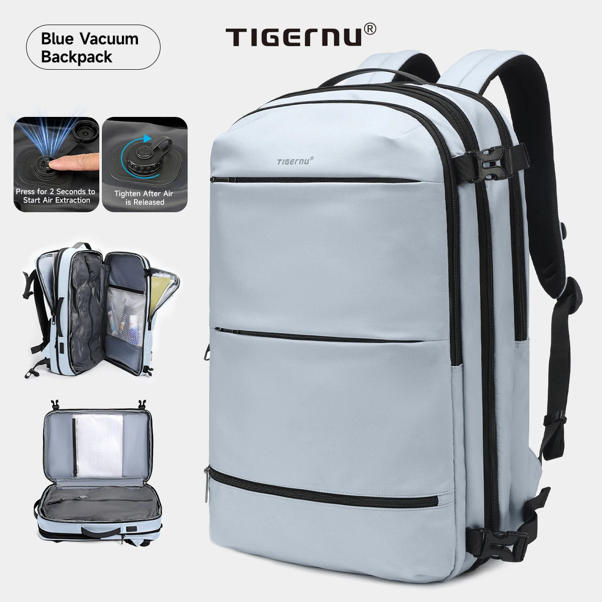 Tigernu Vacuum Compression Backpack – Expandable 27–37L, TSA Lock, USB Charging, 17" Laptop