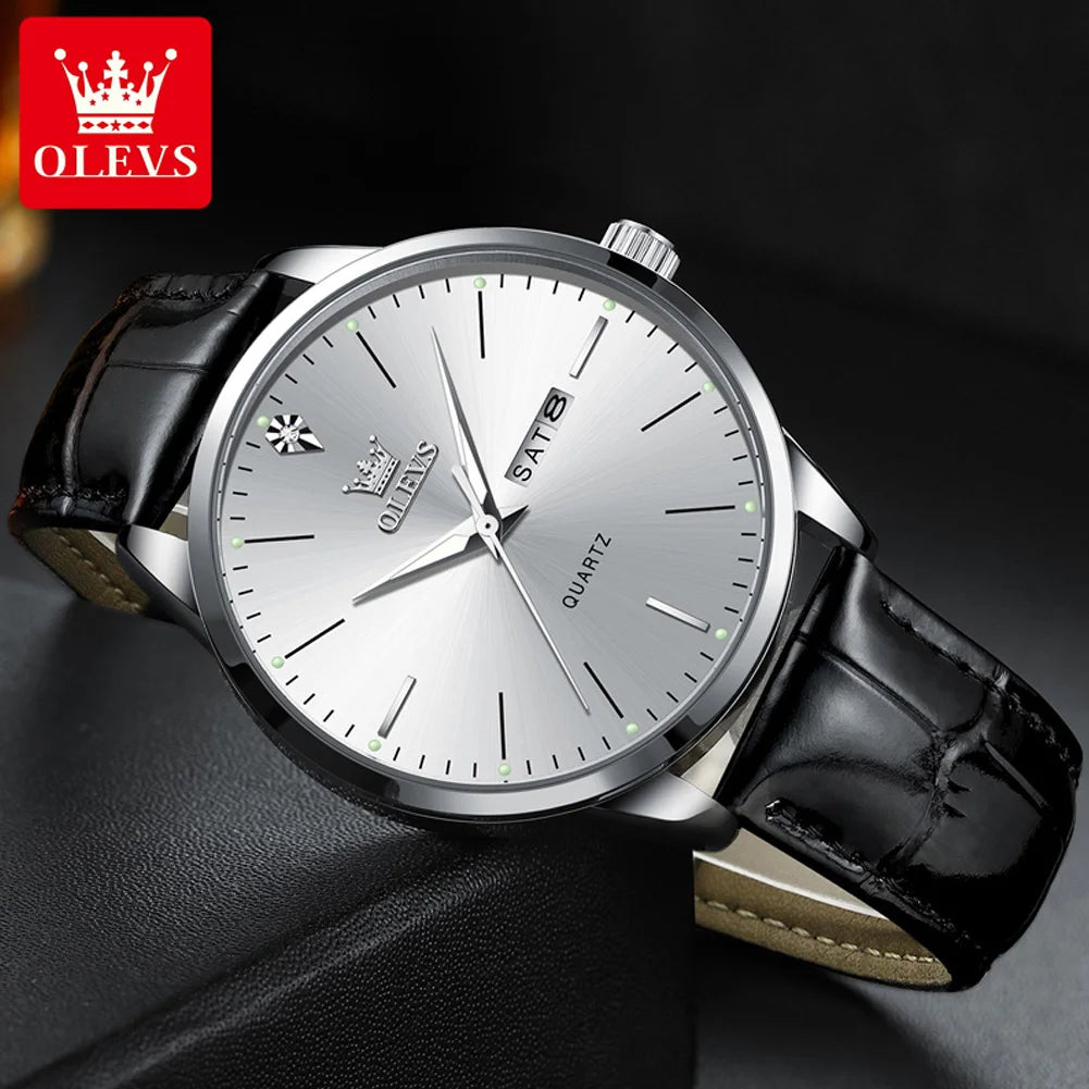 OLEVS Top Original Quartz Watches for Men Simplicity Dual Calendar Large Dial Leather Strap Waterproof Luminous Men's Wristwatch