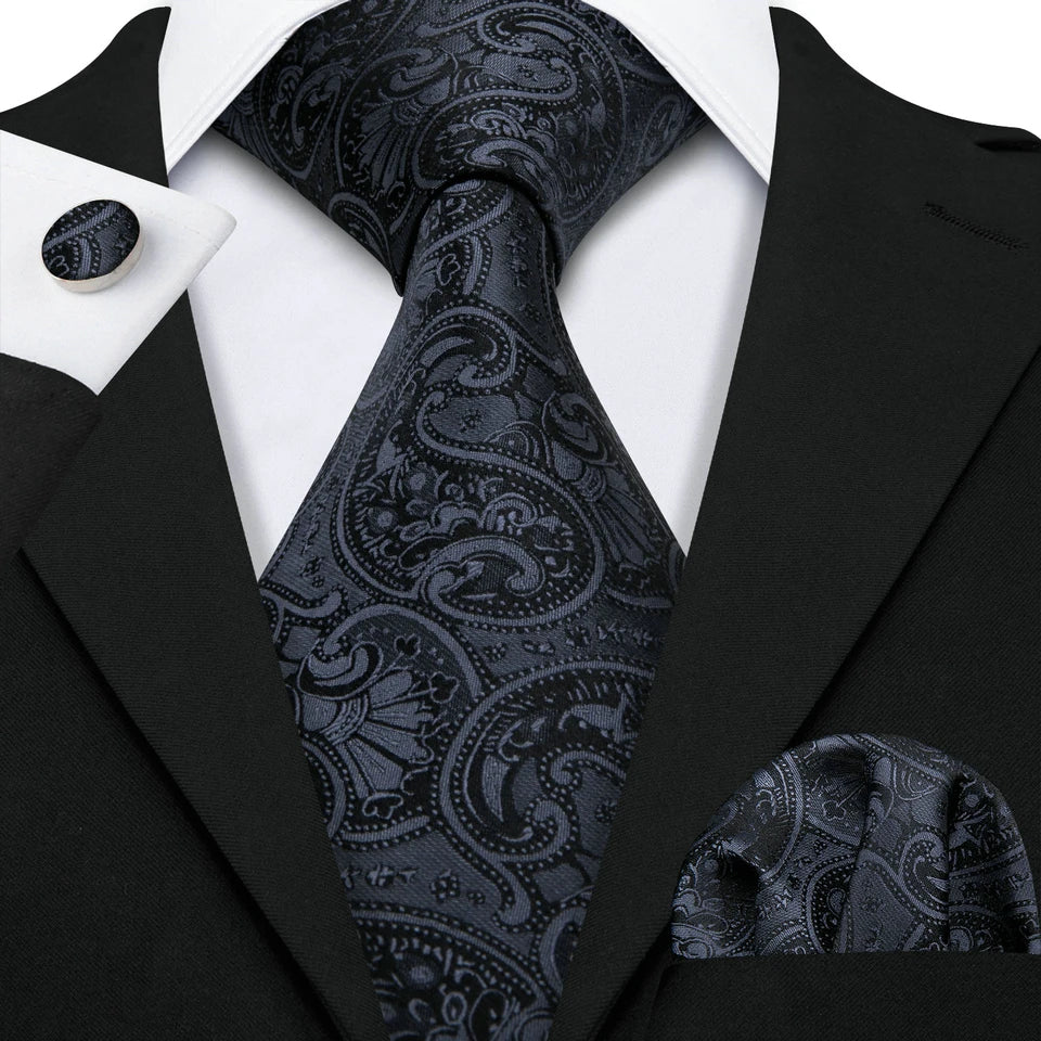 Hi-Tie Men's Silk Necktie Gift Set – Tie, Pocket Square, Cufflinks & Clip | Extended 160cm