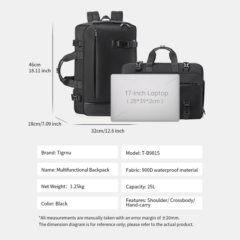 Tigernu 3-in-1 Travel Backpack – 25L, 17" Laptop, Backpack, Handbag & Crossbody