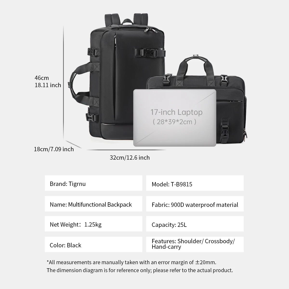 Tigernu 3-in-1 Travel Backpack – 25L, 17" Laptop, Backpack, Handbag & Crossbody