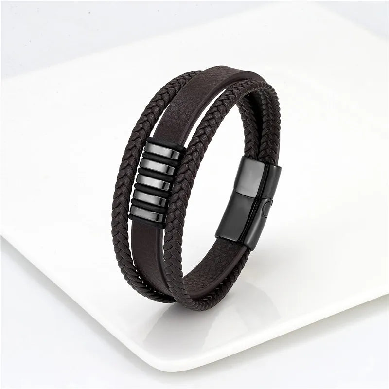 Men's Multilayer Woven Leather Bracelet – 316L Stainless Steel Magnetic Clasp