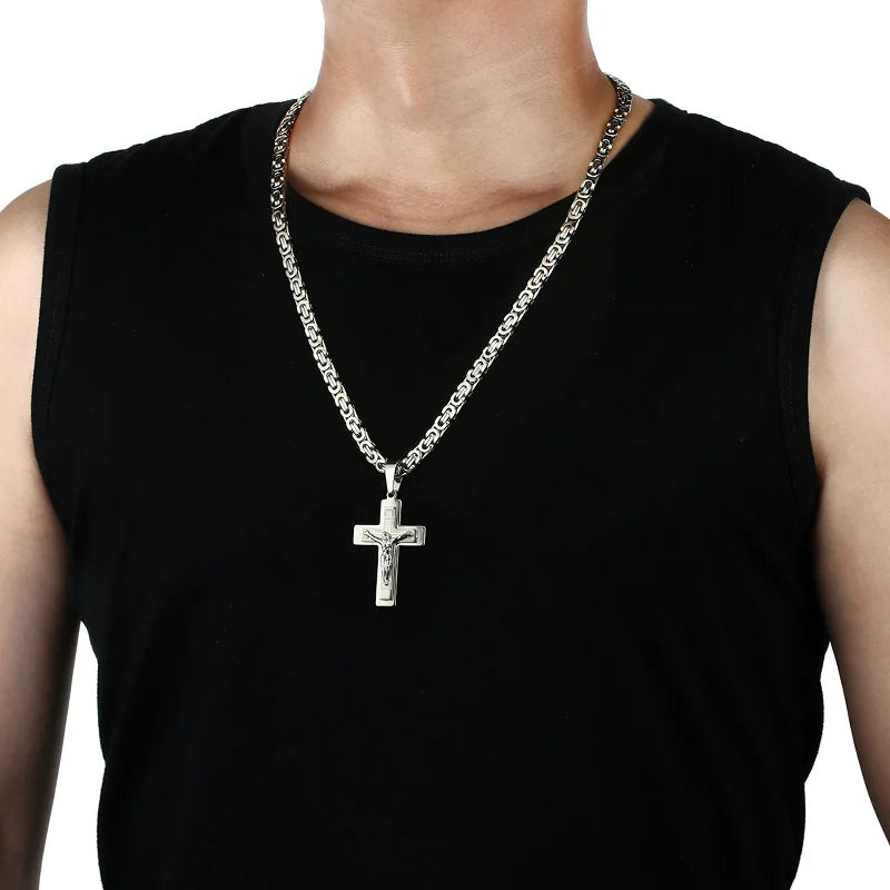 Diyalo Heavy Crucifix Cross Pendant Necklace Men Stainless Steel Male Necklaces Byzantine Chain Men Necklaces Jewelry Gifts