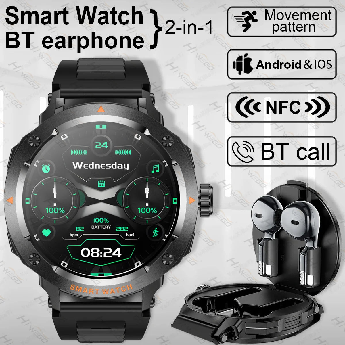 2-in-1 Smartwatch & Bluetooth Earbuds | NFC, GPS Tracking, Heart Rate & Music