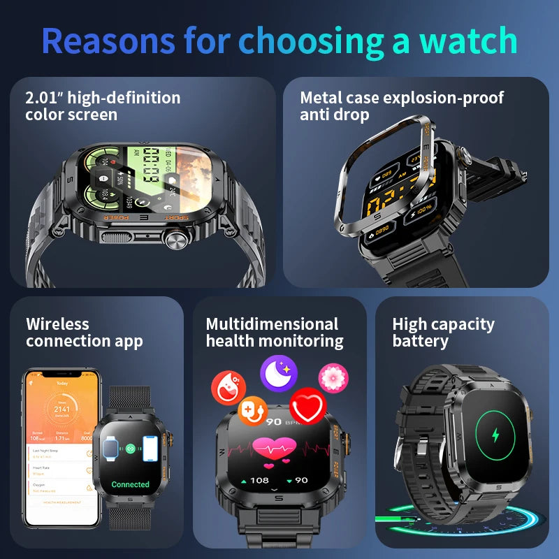 LIGE Military Smart Watch – 2.01" Display, Rugged IP68, 400mAh, Bluetooth Calling