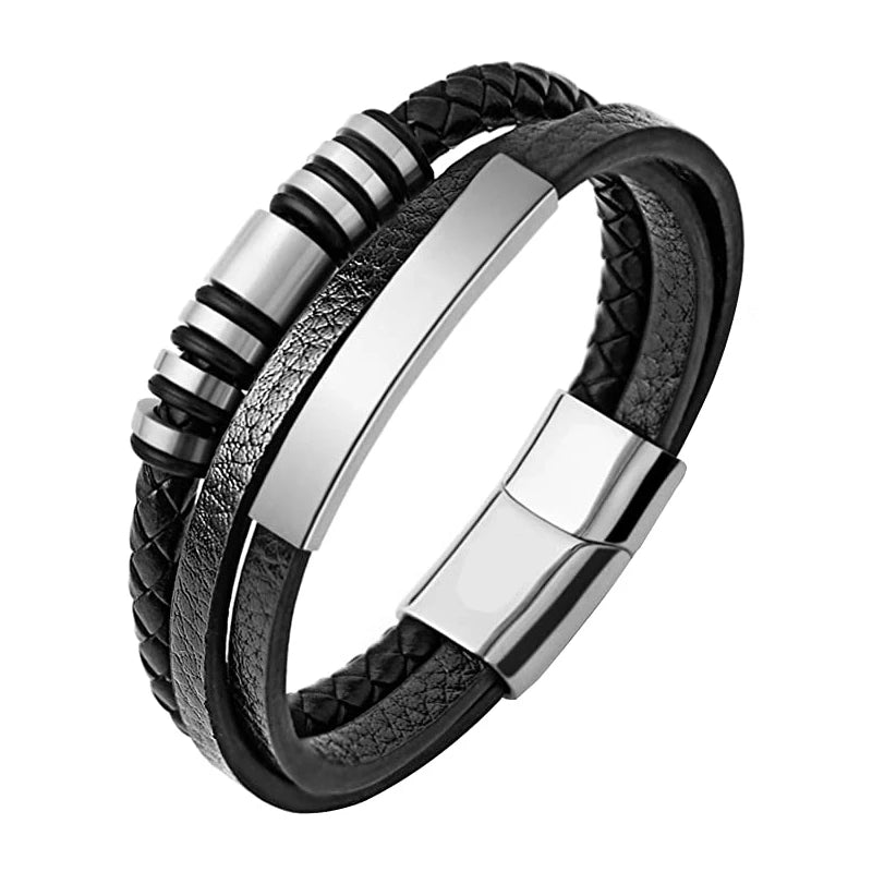 Men's Stainless Steel Bead & Multilayer Leather Bracelet – Classic Beaded Bangle