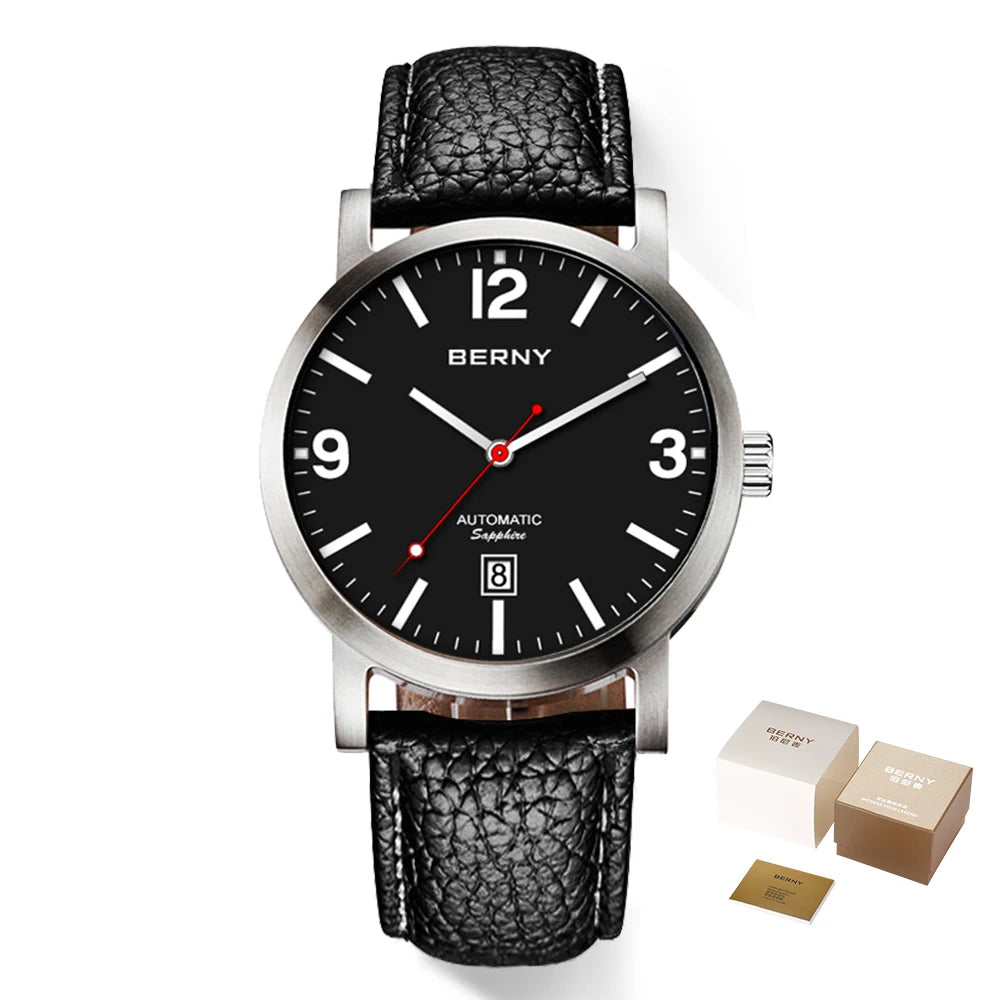 BERNY AM038M Automatic Watch – Seagull ST1612, Sapphire Crystal, Leather Strap, 50m Water Resistant